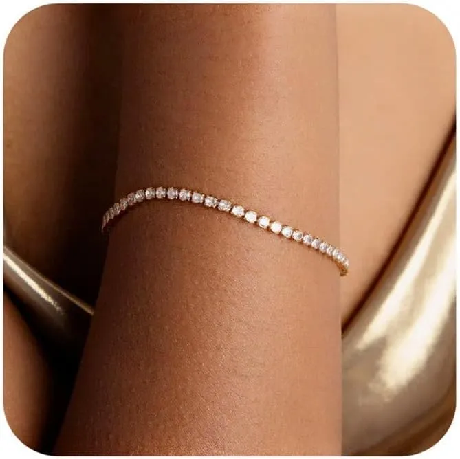 14K Gold Plated Cubic Zirconia Diamond Tennis Bracelet, Dainty Gold Bracelets for Women Size 6.5-7.5 Inch