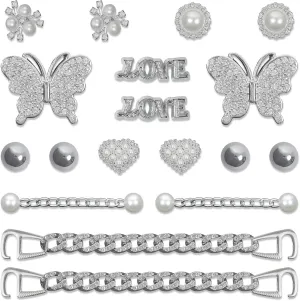 18pcs Bling Shoe Charms for Women,Rhinestones Butterfly Stamen Pearl Charms Silver Rhinestone Shoe Chain Luxury Jewelry Cute Clogs Shoes Decoration DIY Party Favors