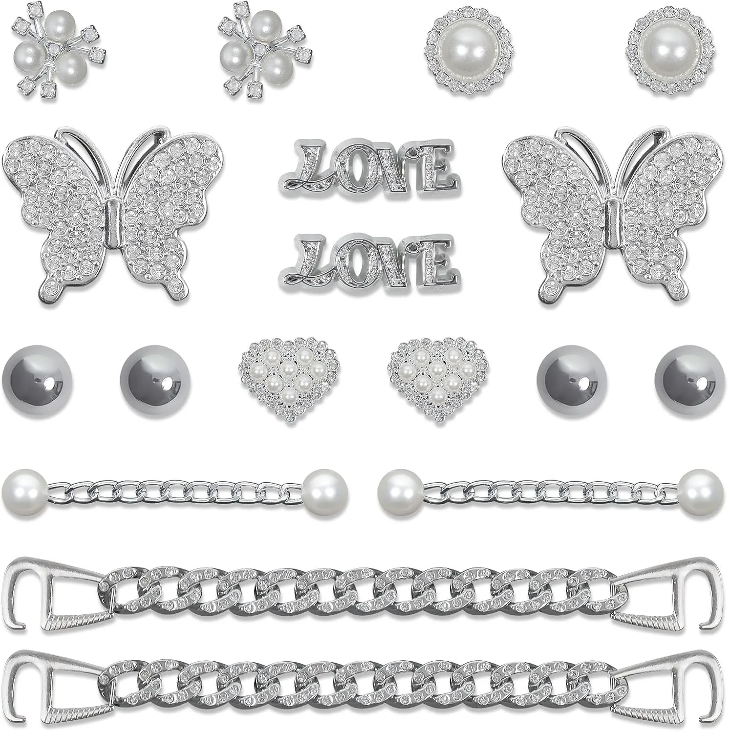 18pcs Bling Shoe Charms for Women,Rhinestones Butterfly Stamen Pearl Charms Silver Rhinestone Shoe Chain Luxury Jewelry Cute Clogs Shoes Decoration DIY Party Favors