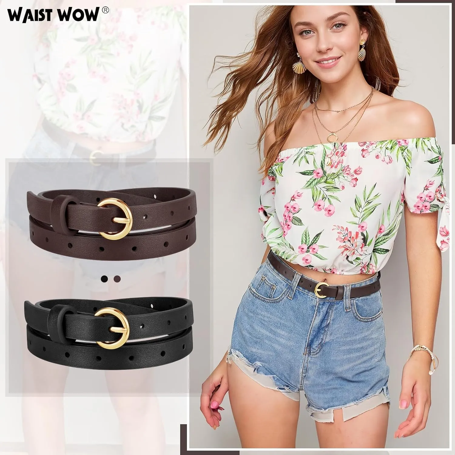2 Pack Women Skinny Belts for Jeans Dress Thin Faux Leather Belt for Ladies with Adjustable Gold Buckle