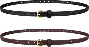 2 Pack Women Skinny Belts for Jeans Dress Thin Faux Leather Belt for Ladies with Adjustable Gold Buckle