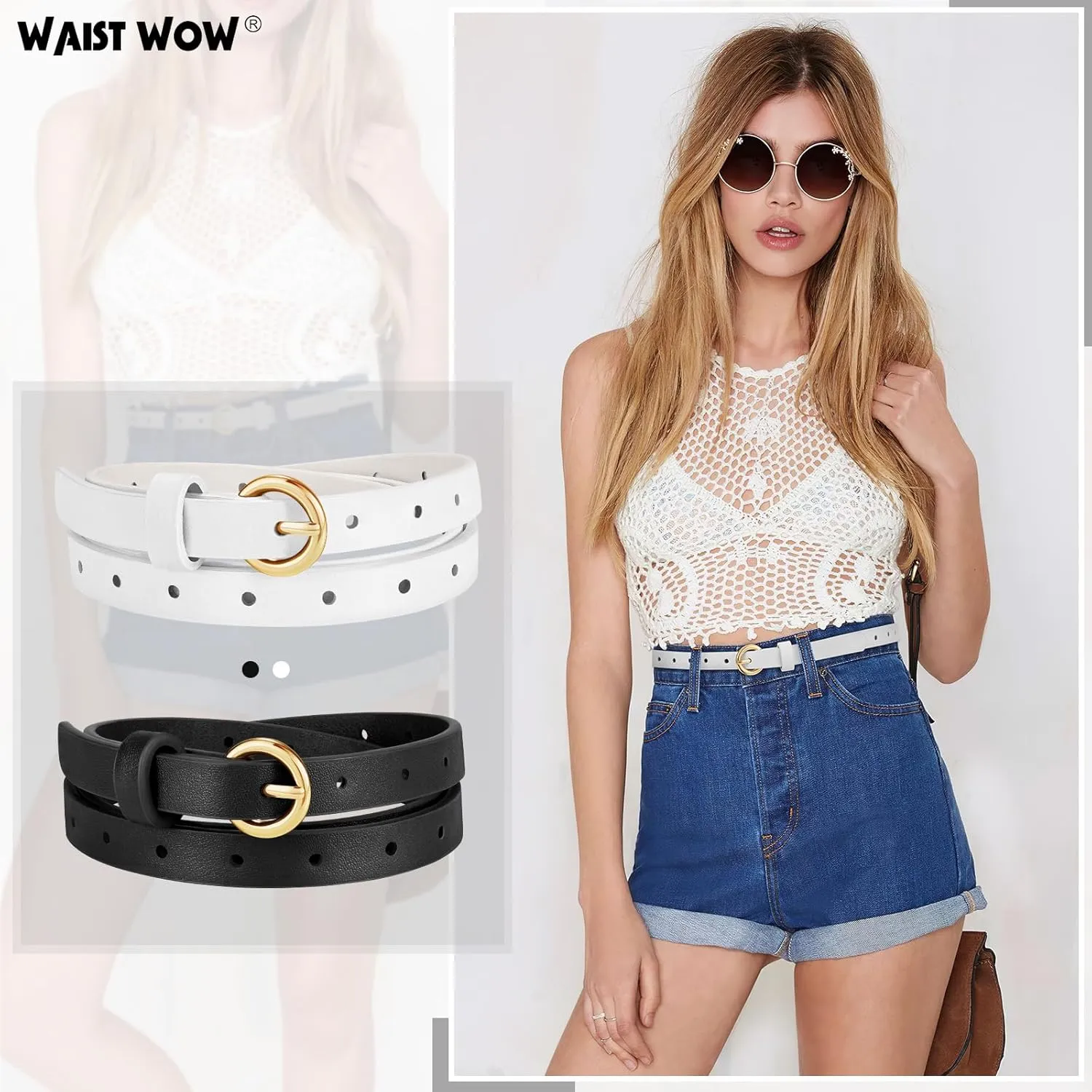 2 Pack Women Skinny Belts for Jeans Dress Thin Faux Leather Belt for Ladies with Adjustable Gold Buckle