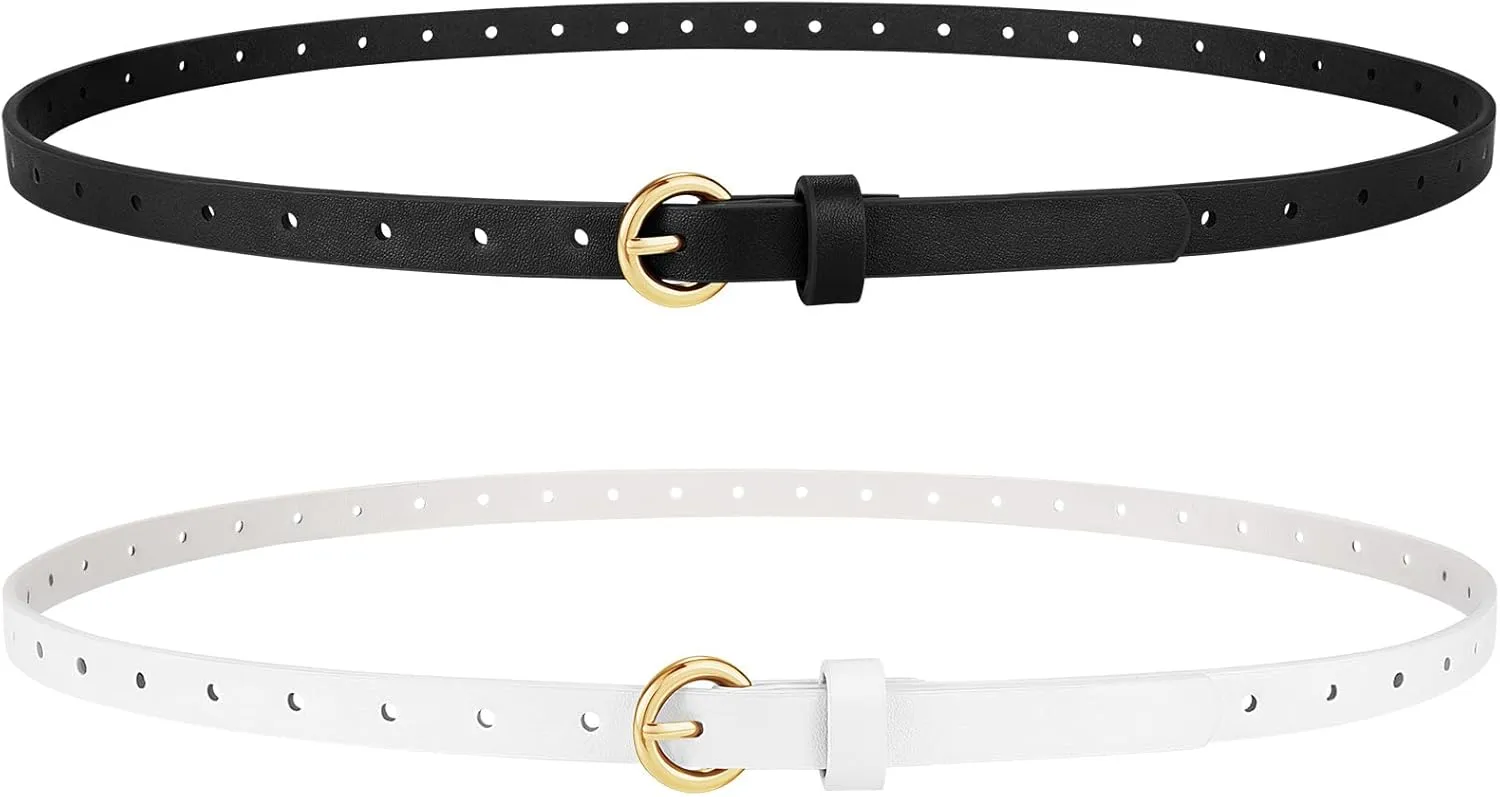 2 Pack Women Skinny Belts for Jeans Dress Thin Faux Leather Belt for Ladies with Adjustable Gold Buckle