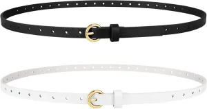 2 Pack Women Skinny Belts for Jeans Dress Thin Faux Leather Belt for Ladies with Adjustable Gold Buckle