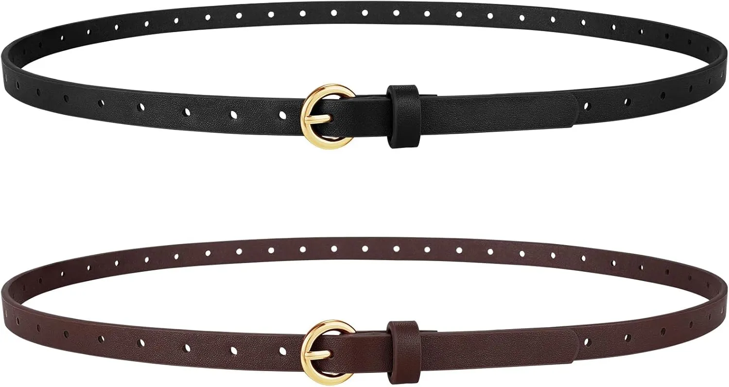 2 Pack Women Skinny Belts for Jeans Dress Thin Faux Leather Belt for Ladies with Adjustable Gold Buckle