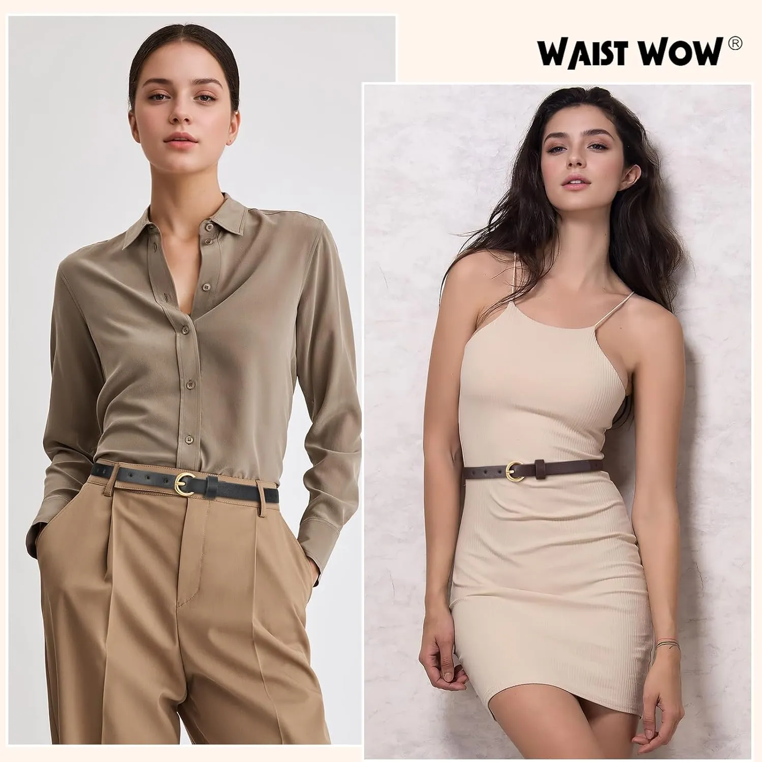 2 Pack Women Skinny Belts for Jeans Dress Thin Faux Leather Belt for Ladies with Adjustable Gold Buckle
