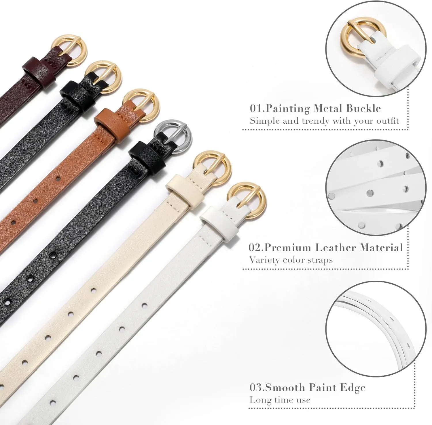 2 Pack Women Skinny Belts for Jeans Dress Thin Faux Leather Belt for Ladies with Adjustable Gold Buckle