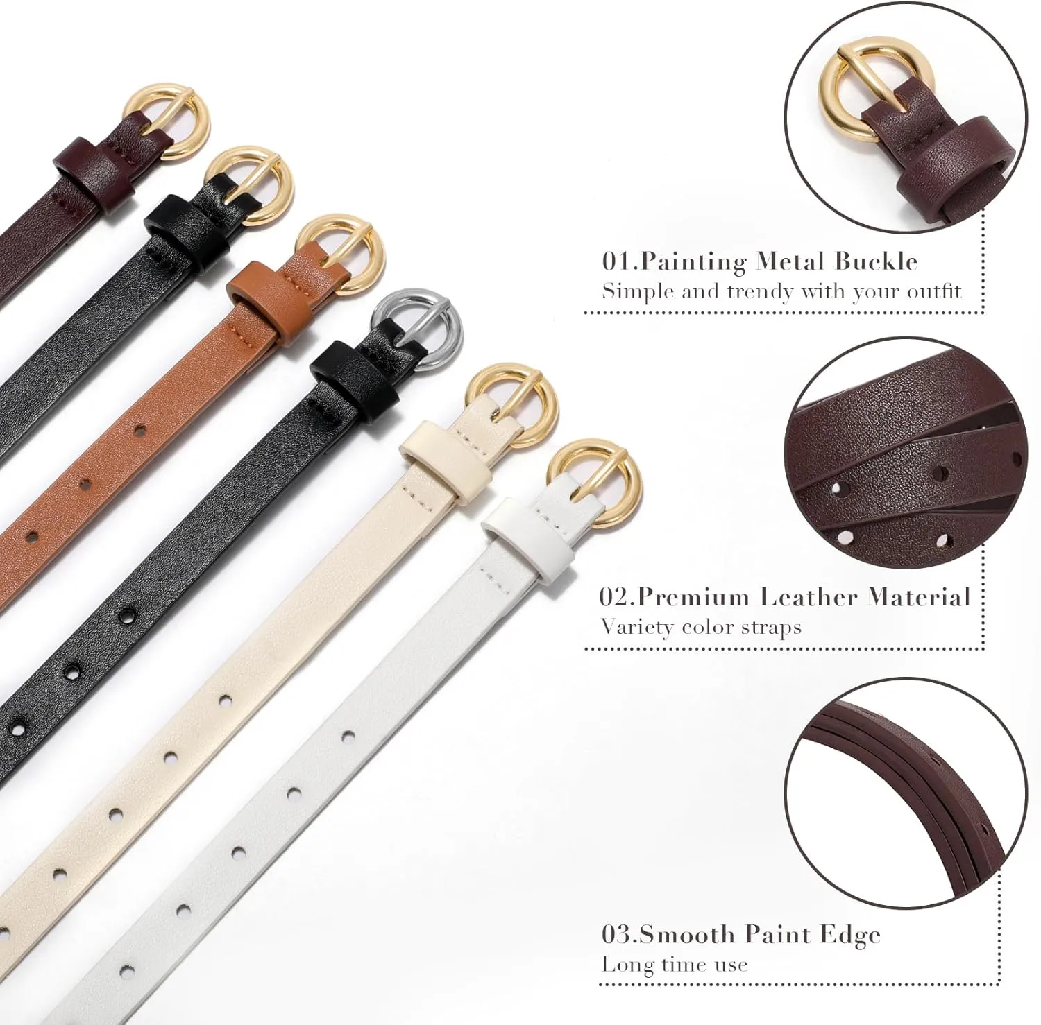 2 Pack Women Skinny Belts for Jeans Dress Thin Faux Leather Belt for Ladies with Adjustable Gold Buckle