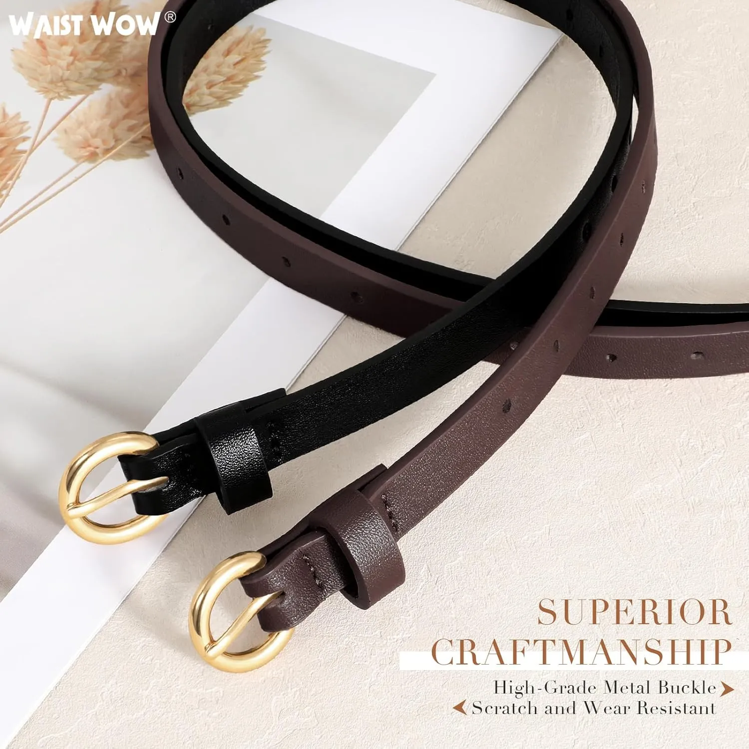 2 Pack Women Skinny Belts for Jeans Dress Thin Faux Leather Belt for Ladies with Adjustable Gold Buckle