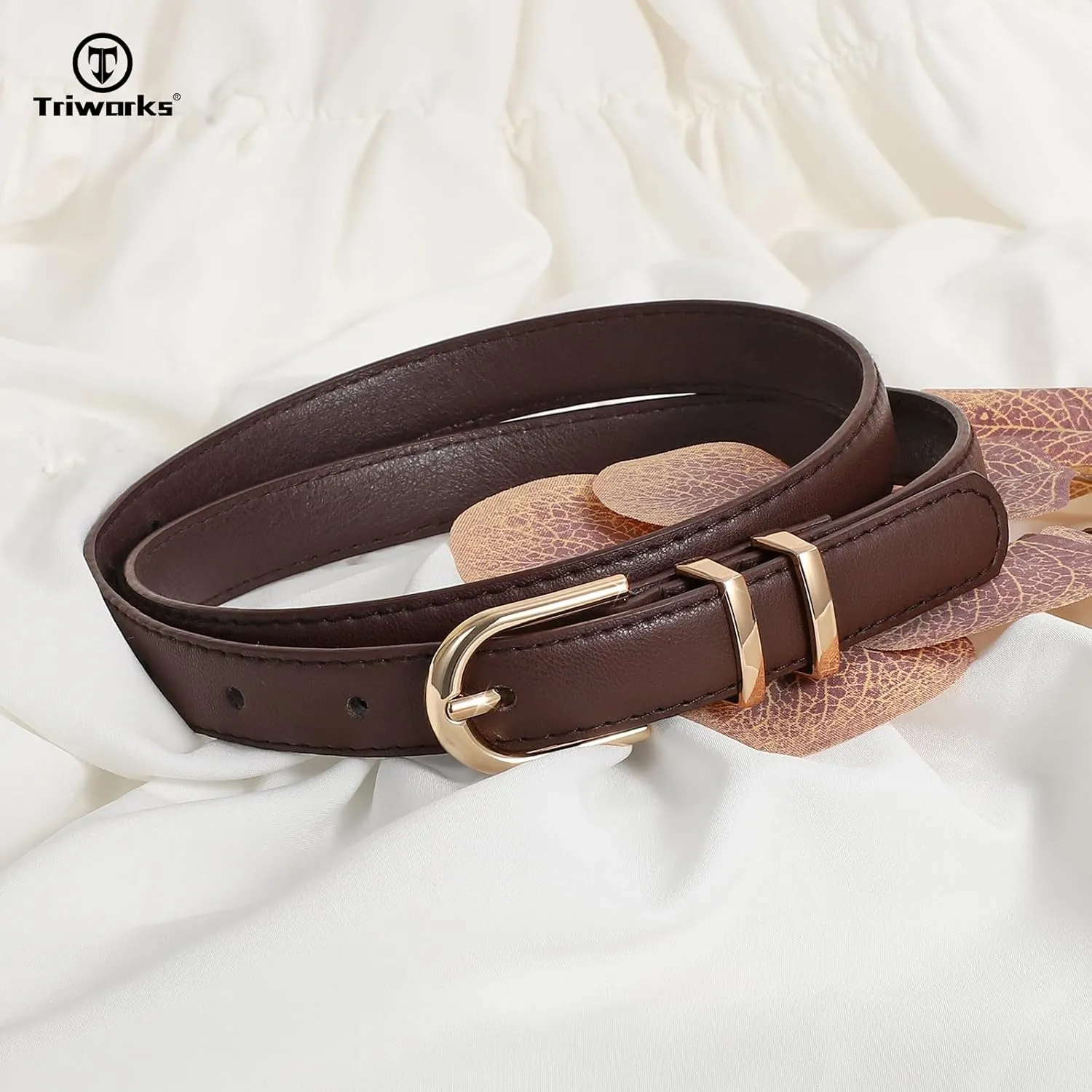 2 Pack Women Skinny Leather Belts for Jeans Pants Thin Faux Leather Belt with Gold Buckle