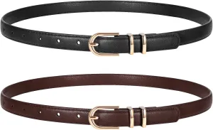 2 Pack Women Skinny Leather Belts for Jeans Pants Thin Faux Leather Belt with Gold Buckle