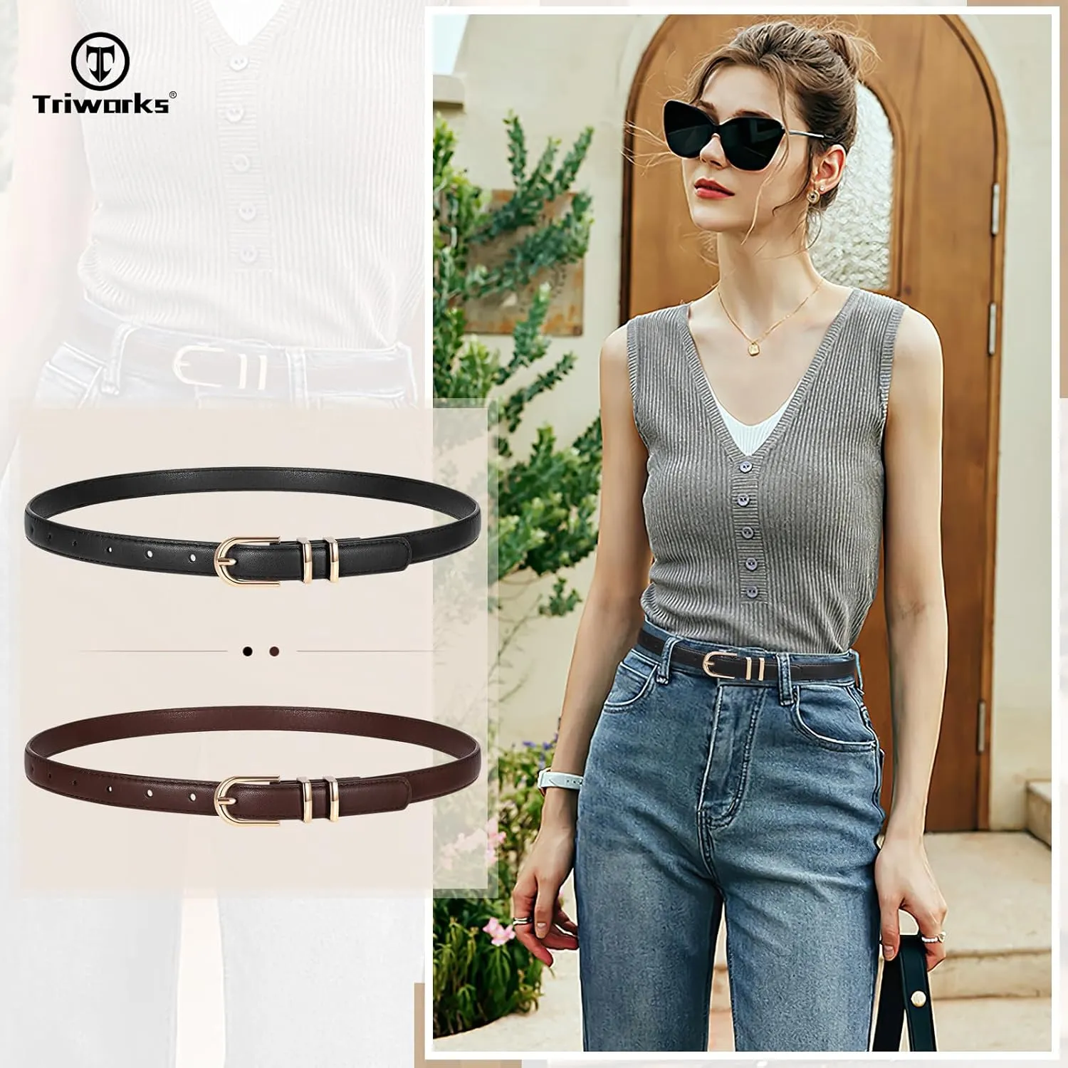 2 Pack Women Skinny Leather Belts for Jeans Pants Thin Faux Leather Belt with Gold Buckle