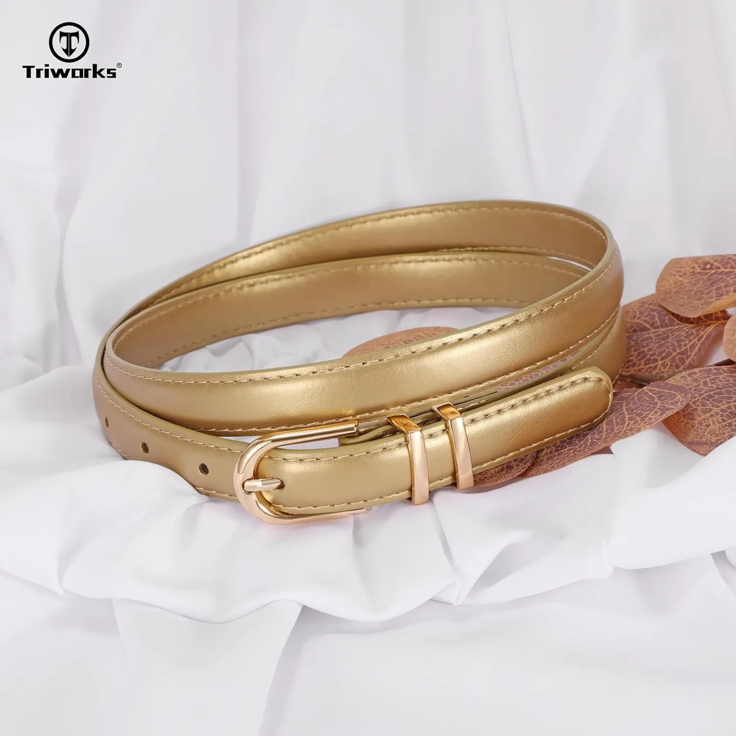2 Pack Women Skinny Leather Belts for Jeans Pants Thin Faux Leather Belt with Gold Buckle