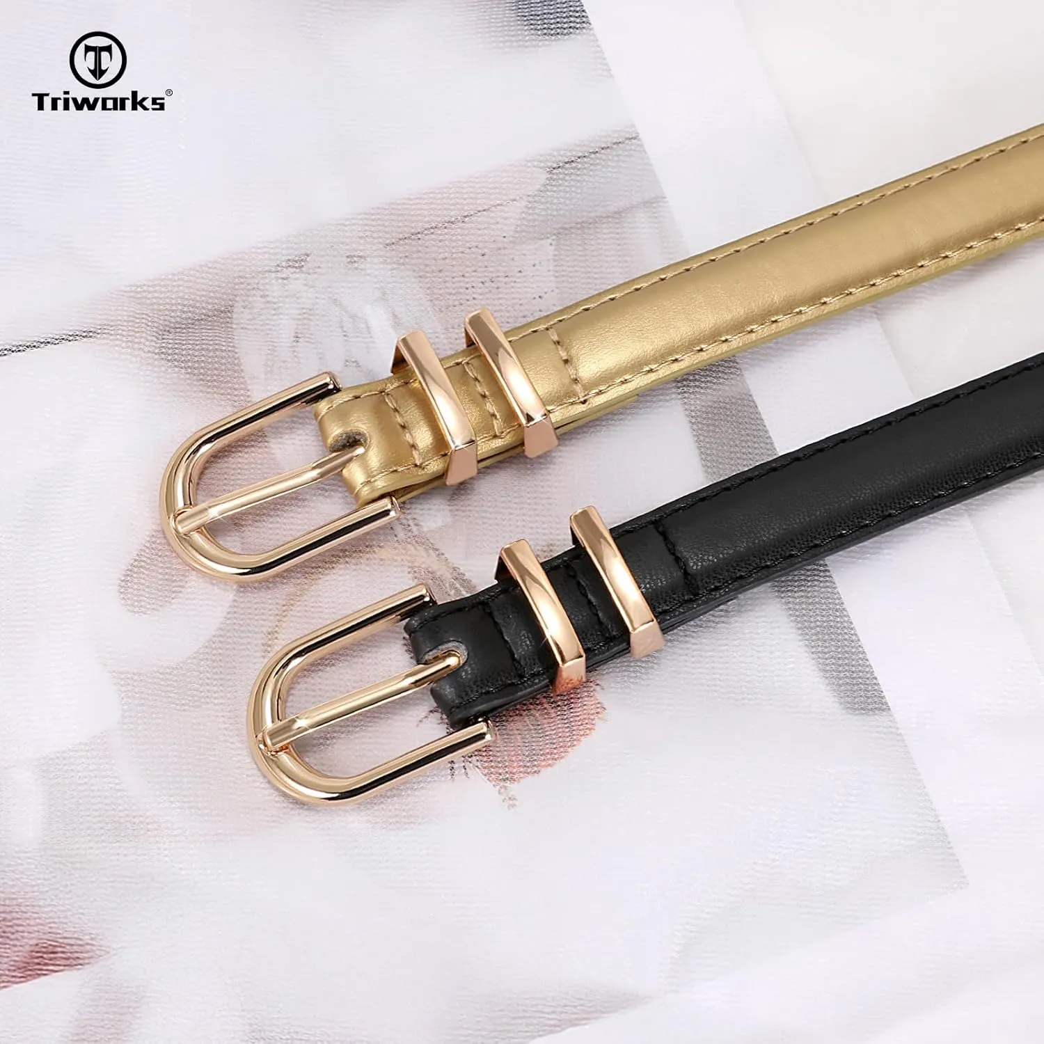 2 Pack Women Skinny Leather Belts for Jeans Pants Thin Faux Leather Belt with Gold Buckle
