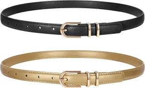2 Pack Women Skinny Leather Belts for Jeans Pants Thin Faux Leather Belt with Gold Buckle