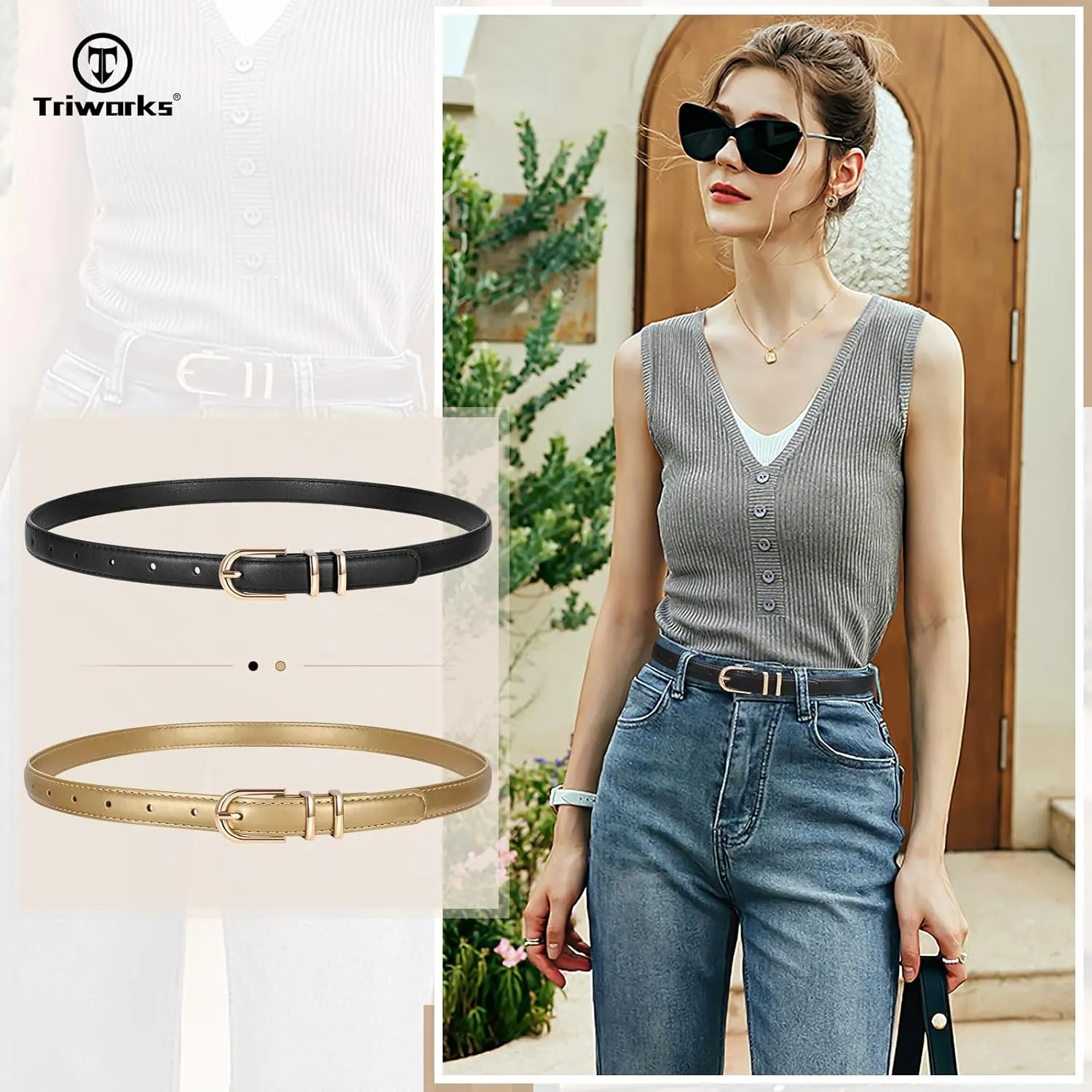 2 Pack Women Skinny Leather Belts for Jeans Pants Thin Faux Leather Belt with Gold Buckle