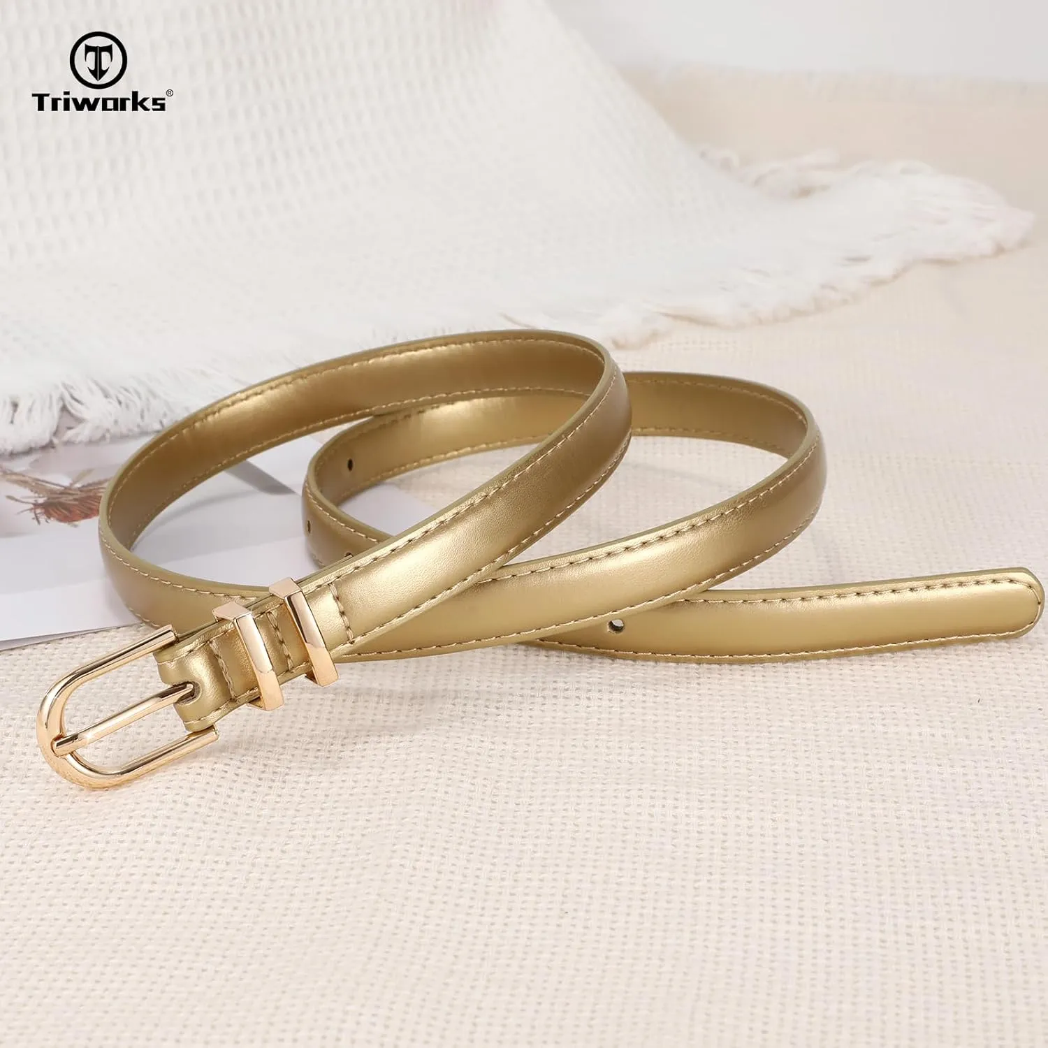 2 Pack Women Skinny Leather Belts for Jeans Pants Thin Faux Leather Belt with Gold Buckle