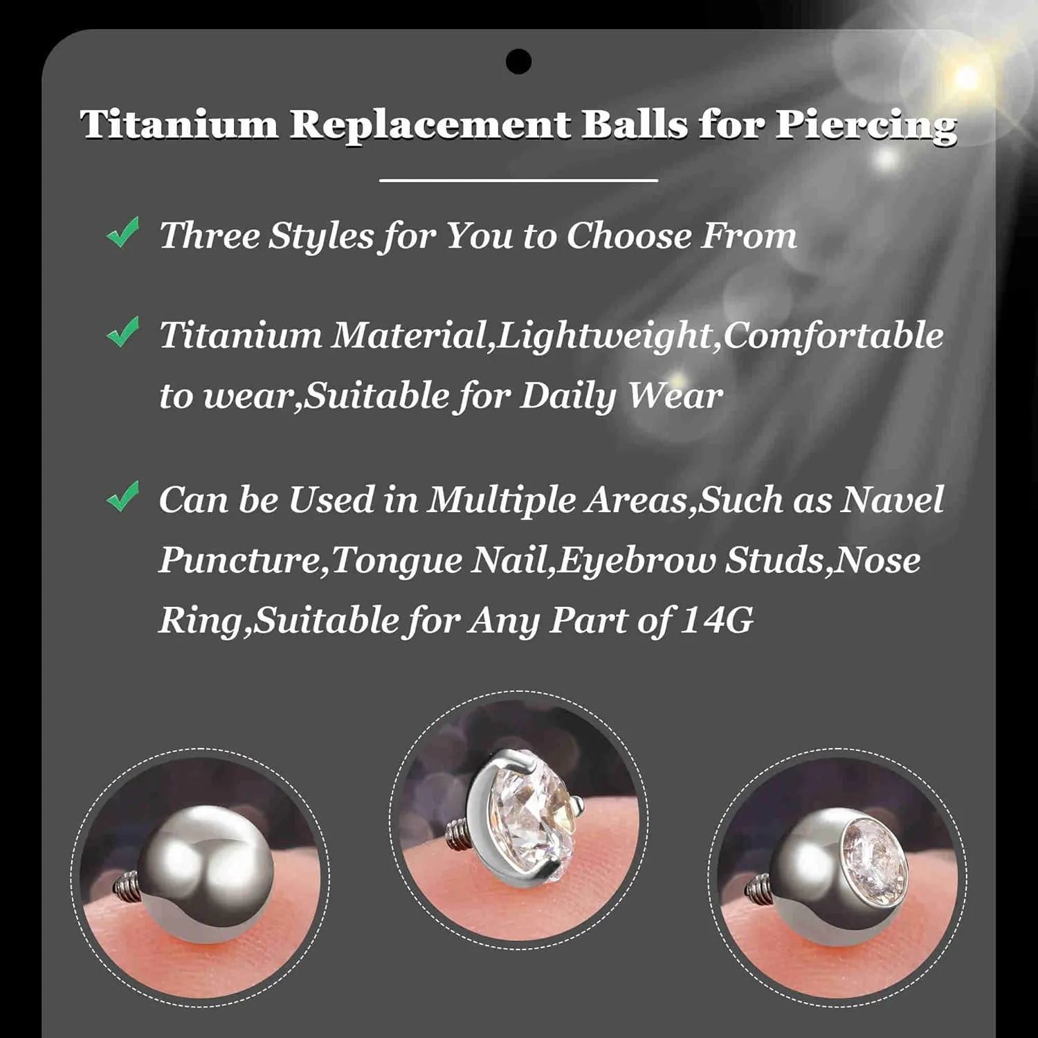 3PCS 14G Titanium Replacement Balls for Piercing Internally Threaded Belly Button Piercing CZ Nipple Tongue Industrial Ring Top Piercing Jewelry Parts 5mm