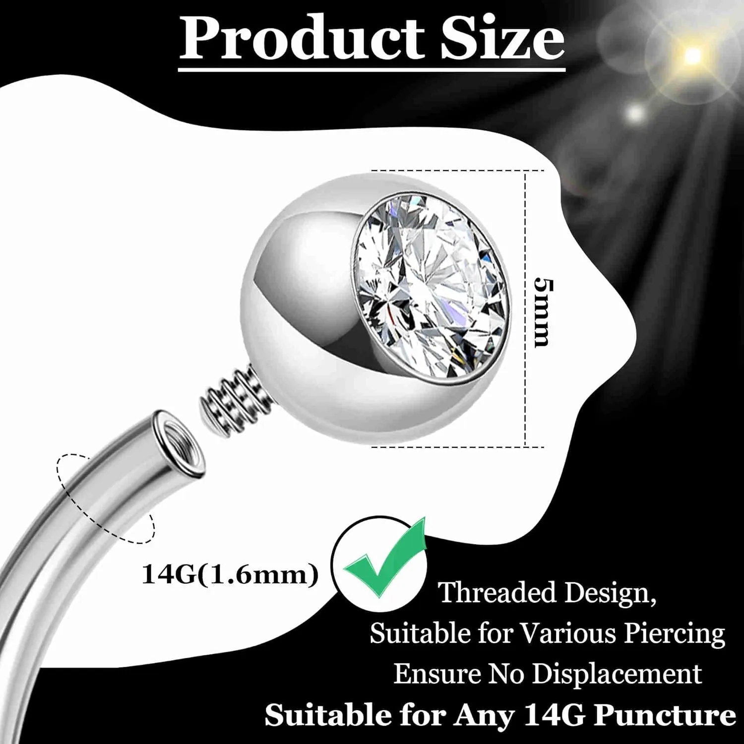 3PCS 14G Titanium Replacement Balls for Piercing Internally Threaded Belly Button Piercing CZ Nipple Tongue Industrial Ring Top Piercing Jewelry Parts 5mm