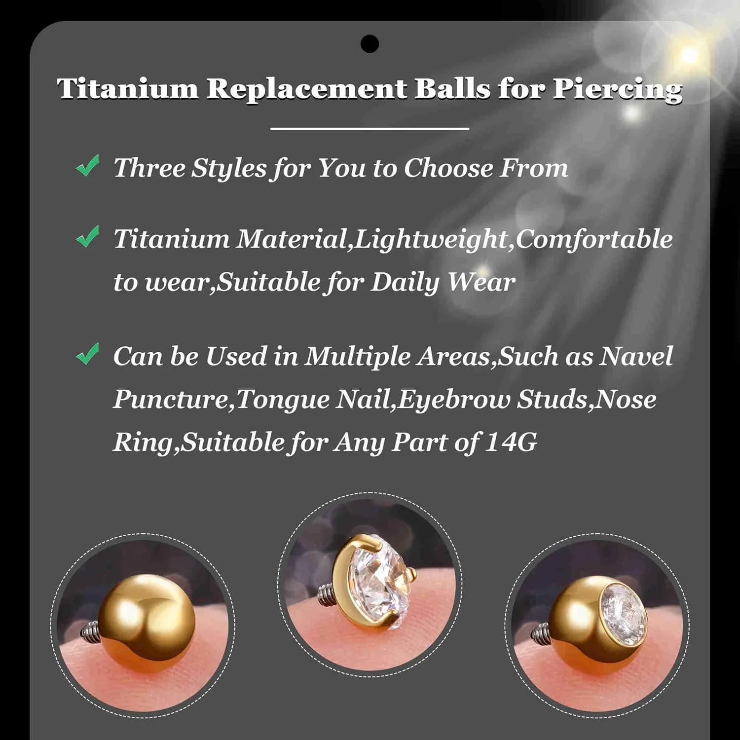 3PCS 14G Titanium Replacement Balls for Piercing Internally Threaded Belly Button Piercing CZ Nipple Tongue Industrial Ring Top Piercing Jewelry Parts 5mm