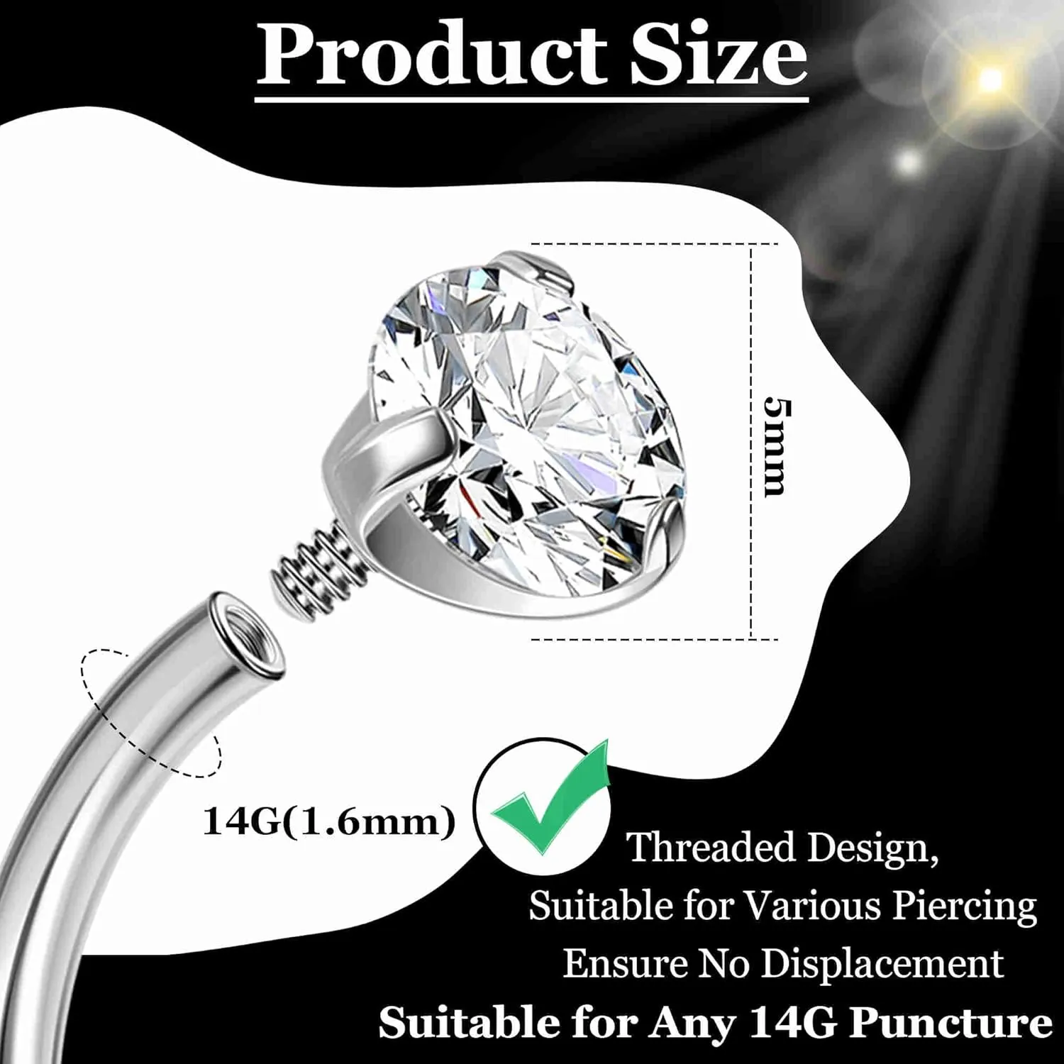 3PCS 14G Titanium Replacement Balls for Piercing Internally Threaded Belly Button Piercing CZ Nipple Tongue Industrial Ring Top Piercing Jewelry Parts 5mm