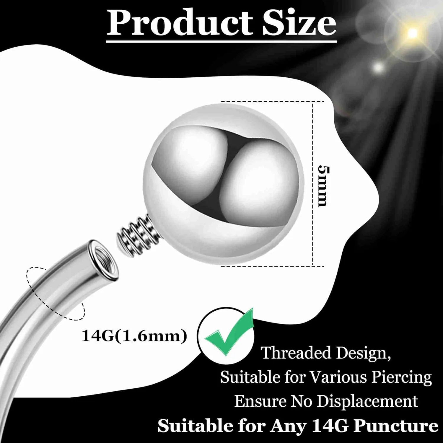 3PCS 14G Titanium Replacement Balls for Piercing Internally Threaded Belly Button Piercing CZ Nipple Tongue Industrial Ring Top Piercing Jewelry Parts 5mm