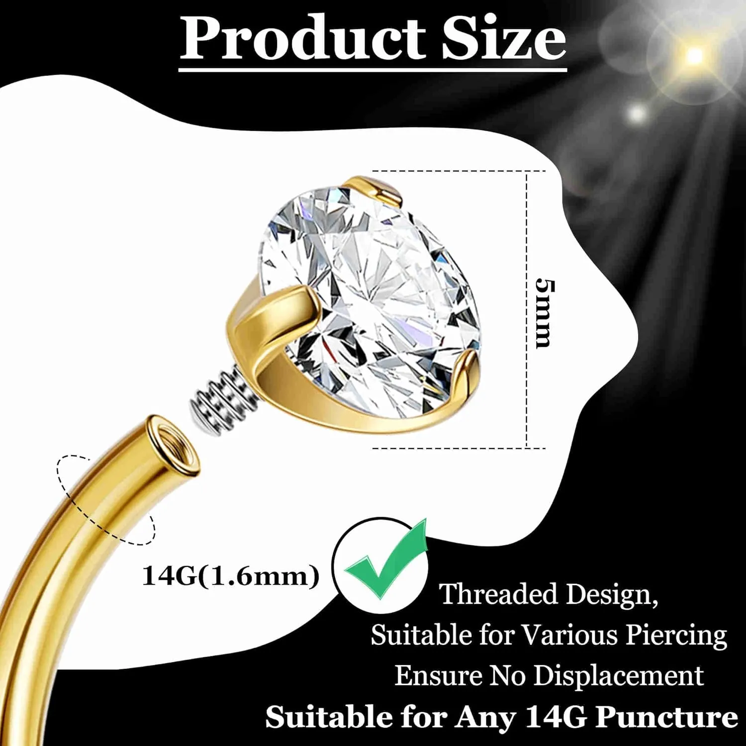 3PCS 14G Titanium Replacement Balls for Piercing Internally Threaded Belly Button Piercing CZ Nipple Tongue Industrial Ring Top Piercing Jewelry Parts 5mm