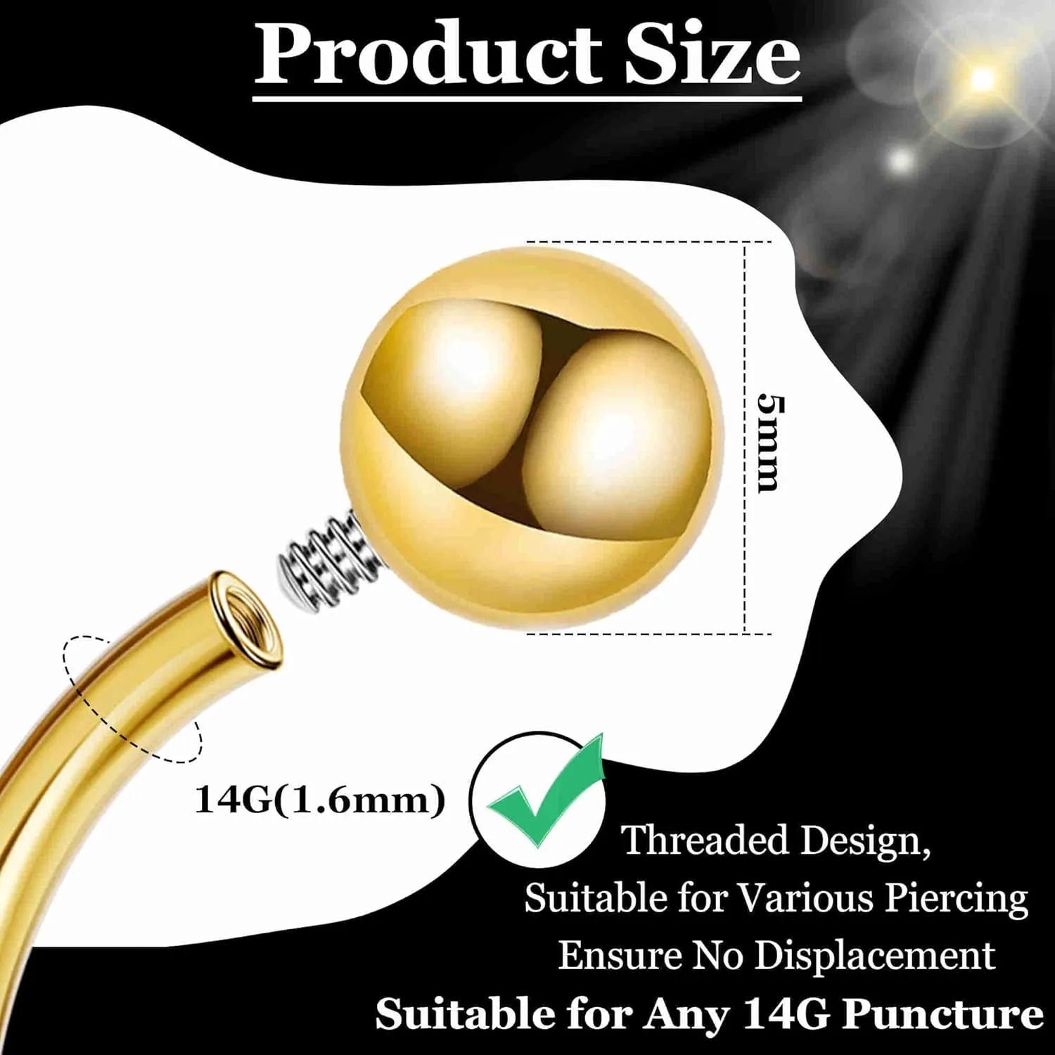3PCS 14G Titanium Replacement Balls for Piercing Internally Threaded Belly Button Piercing CZ Nipple Tongue Industrial Ring Top Piercing Jewelry Parts 5mm