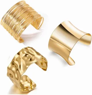 3PCS Gold Chunky Cuff Bracelets for Women Irregular Minimalist Statement Bangle Bracelets Set Open Wide Bangle Arm Cuff Upper Arm Punk Jewelry