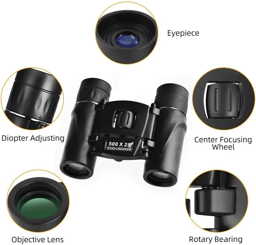 500x25 HD Powerful Binoculars 5000M Long Range Folding Mini Telescope Professional Hunting Telescope Zoom Military HD BAK4 FMC Optics for Hunting Sports Outdoor Camping Travel Outdoor Gifts