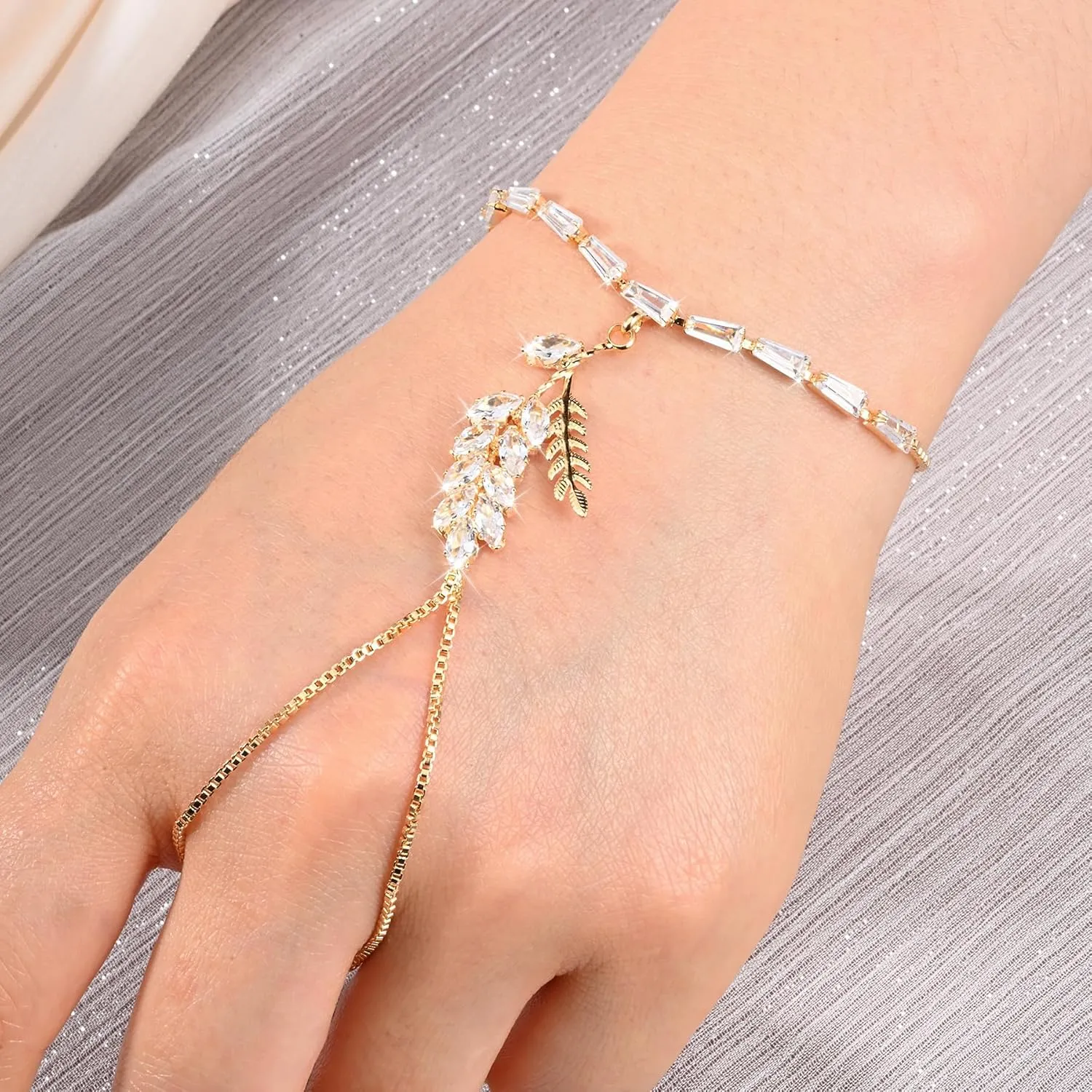 Adjustable Hand Chain Bracelet for Women,16K Hypoallergenic Finger Jewelry with Cubic Zirconia Butterfly Bow Charm,Secure Ball Clasp Customizable Fit for All Hand Sizes (Gold/Silver Tone)