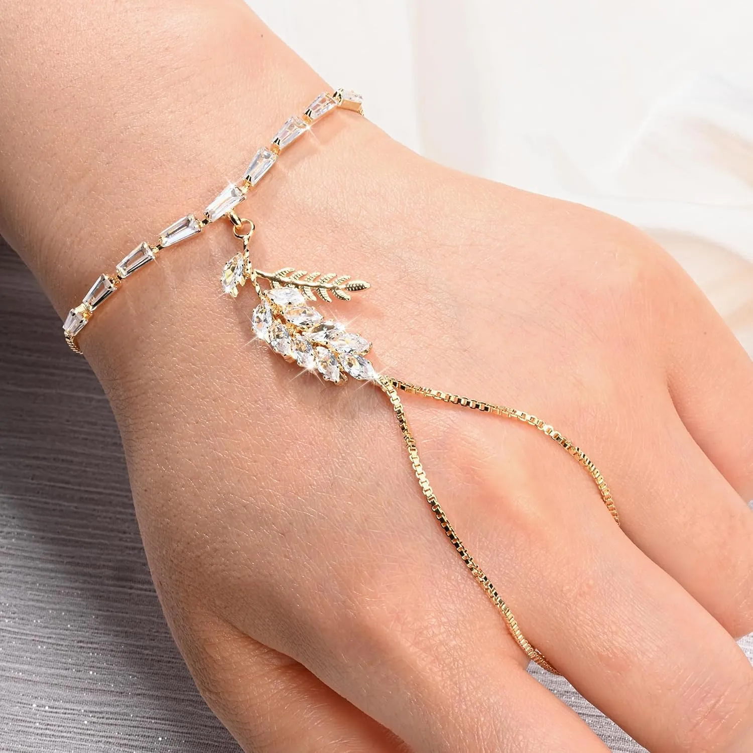 Adjustable Hand Chain Bracelet for Women,16K Hypoallergenic Finger Jewelry with Cubic Zirconia Butterfly Bow Charm,Secure Ball Clasp Customizable Fit for All Hand Sizes (Gold/Silver Tone)