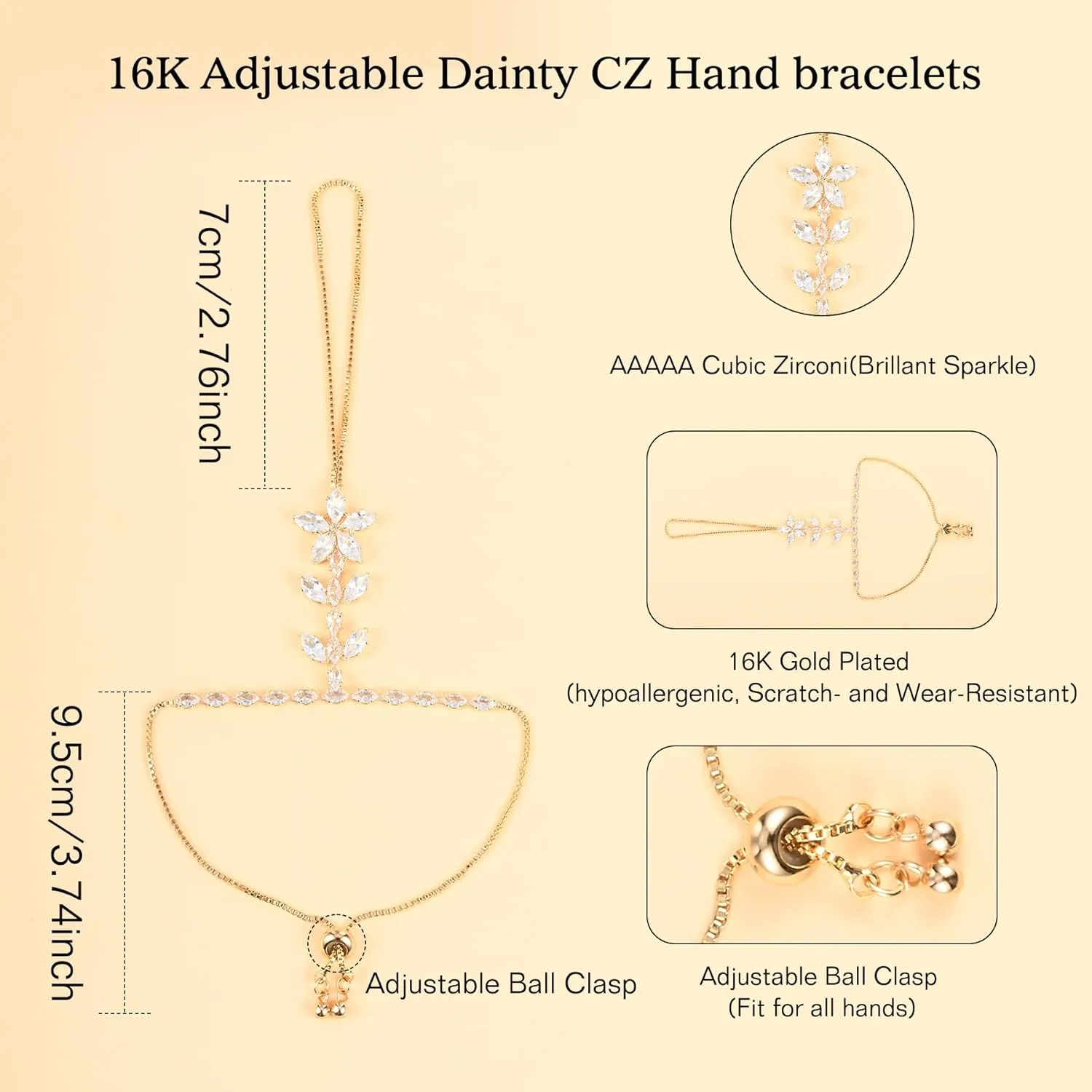 Adjustable Hand Chain Bracelet for Women,16K Hypoallergenic Finger Jewelry with Cubic Zirconia Butterfly Bow Charm,Secure Ball Clasp Customizable Fit for All Hand Sizes (Gold/Silver Tone)