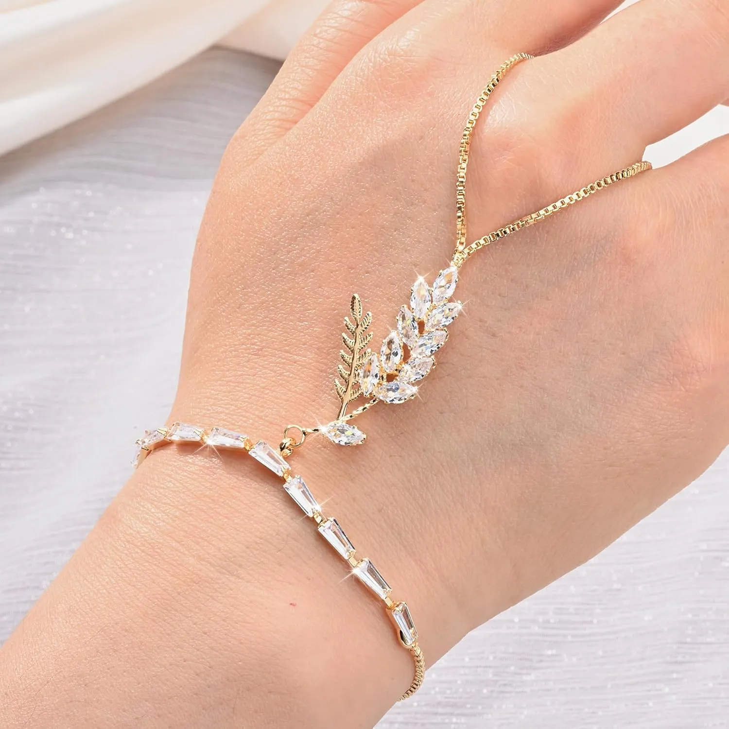 Adjustable Hand Chain Bracelet for Women,16K Hypoallergenic Finger Jewelry with Cubic Zirconia Butterfly Bow Charm,Secure Ball Clasp Customizable Fit for All Hand Sizes (Gold/Silver Tone)