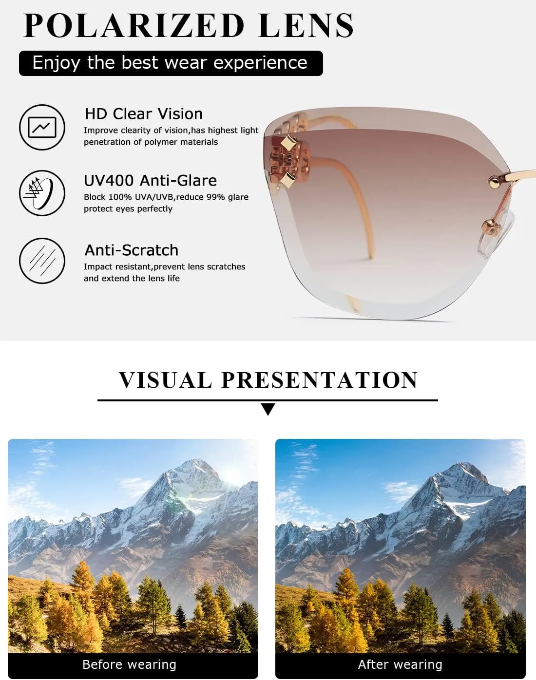 AEVOGUE Sunglasses For Women Oversized Rimless Diamond Cutting Lens Sun Glasses AE0534