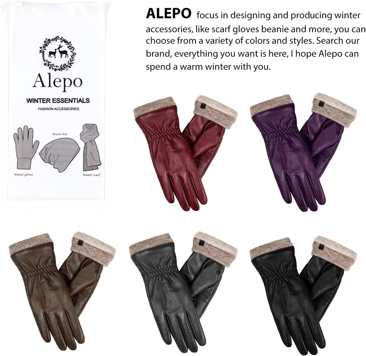 Alepo Genuine Sheepskin Leather Gloves For Women, Winter Warm Touchscreen Texting Cashmere Lined Driving Motorcycle Dress