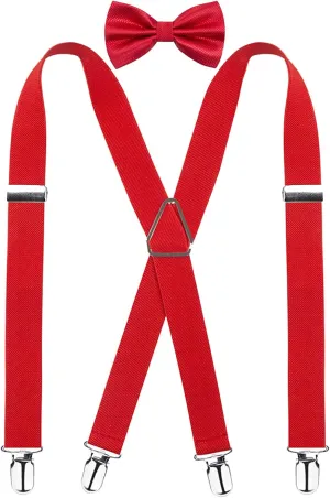 Alizeal Men's 4 Clips X-Back Solid Suspenders Pre Tied Bow Tie Set Elastic Adjustable Braces