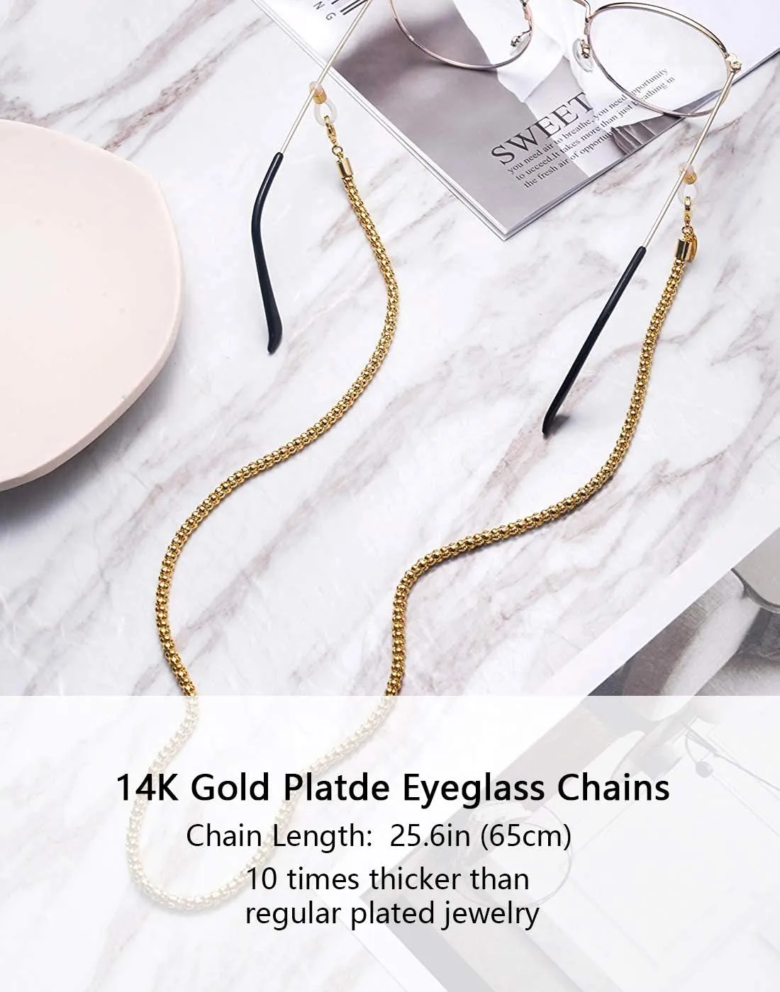 AllenCOCO Glasses Chain, Eyeglass Strap For Women Sunglasses - 14K Gold Eyeglasses Chain, Eye Glasses Holders Around Neck