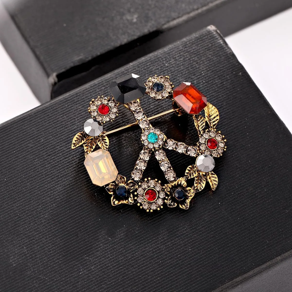 Antique Gold Plated Crystal Love Peace Brooch and Pins