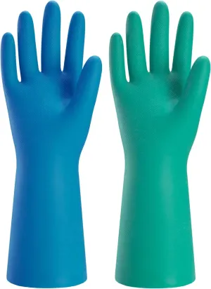 Bamllum 2 Pairs Reusable Kitchen Gloves for Washing Dishes - Nitrile Rubber Dishwashing Gloves, Reusable Household Cleaning Gloves, Flexible Durable & Non-Slip (Medium, Green Blue)