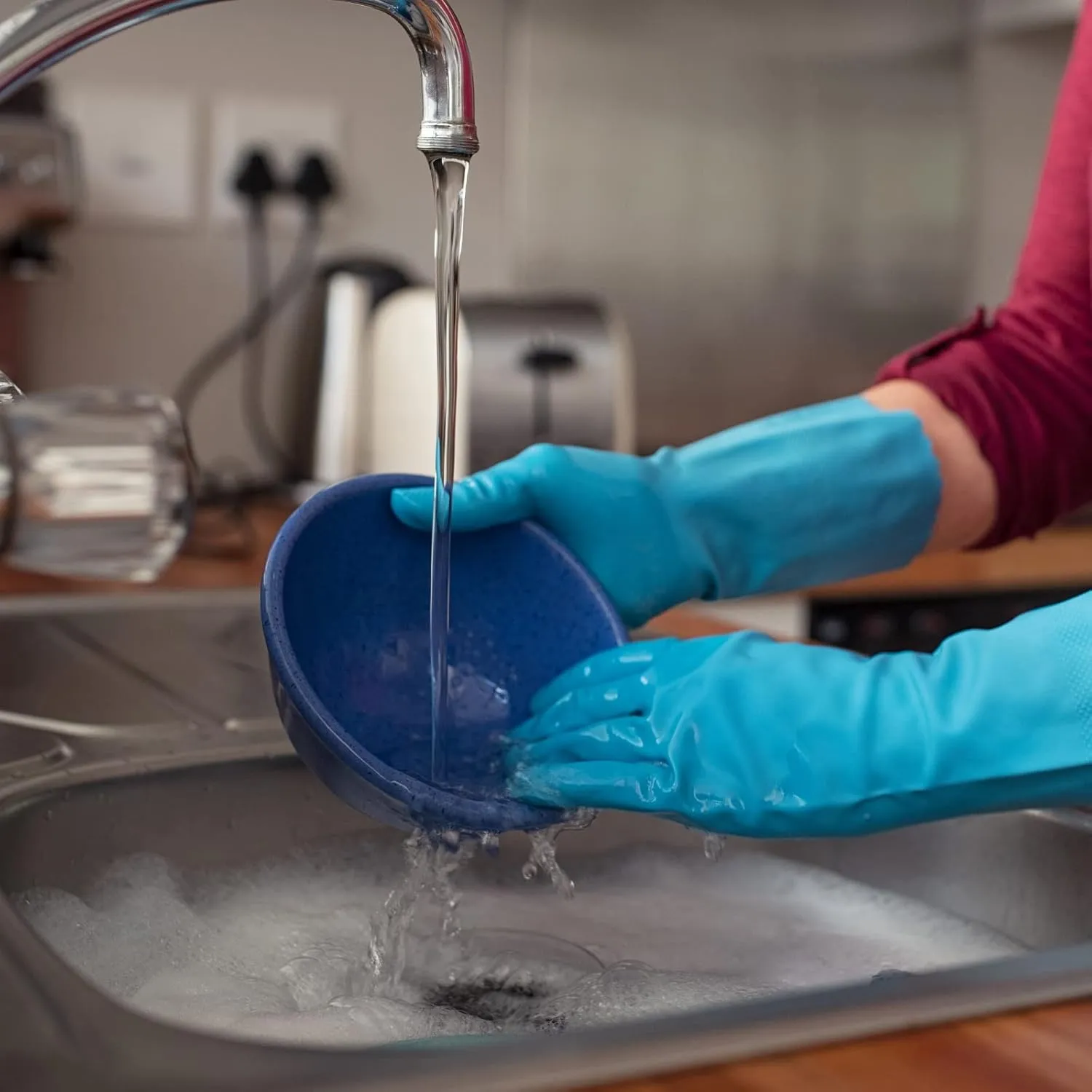 Bamllum 2 Pairs Reusable Kitchen Gloves for Washing Dishes - Nitrile Rubber Dishwashing Gloves, Reusable Household Cleaning Gloves, Flexible Durable & Non-Slip (Medium, Green Blue)