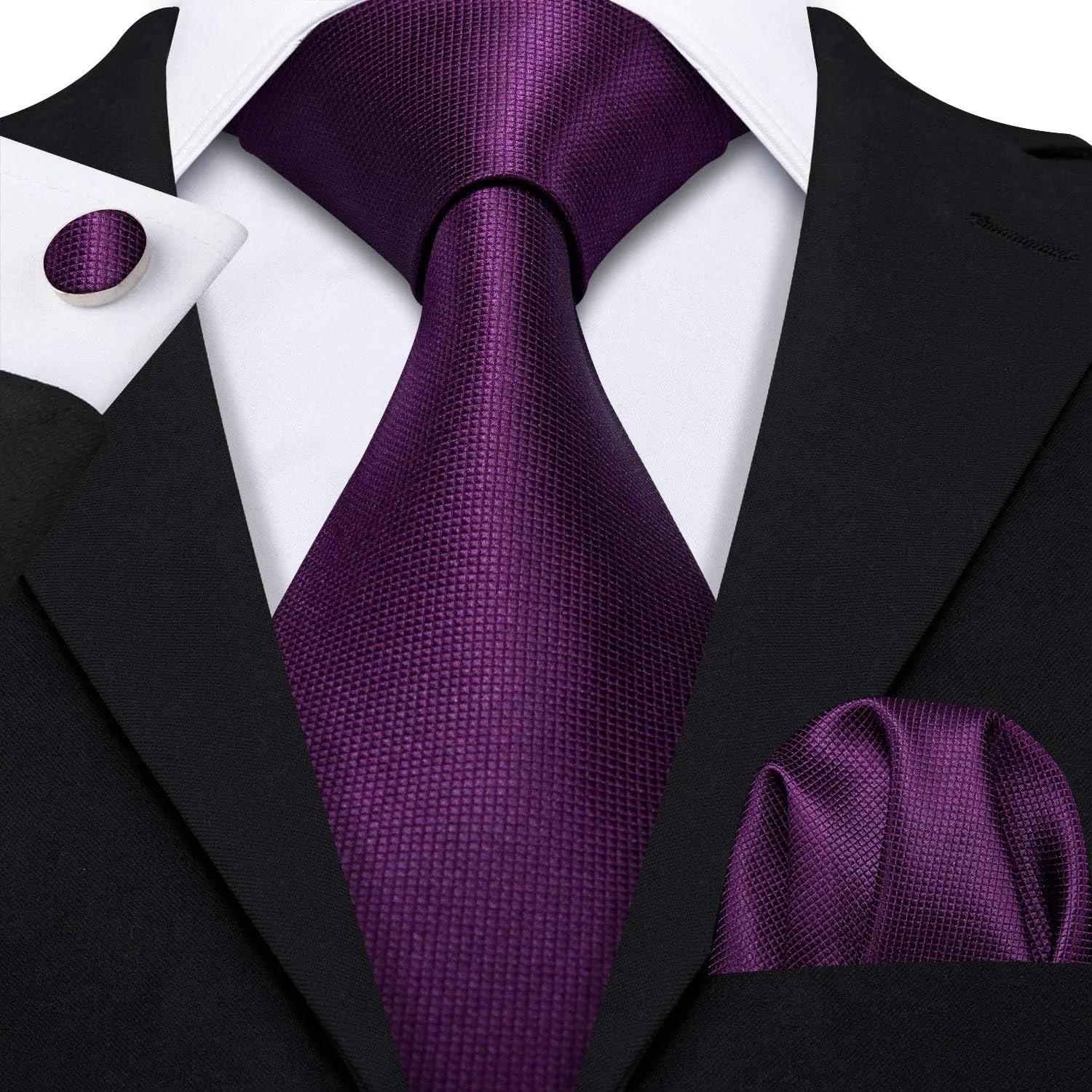 Barry.Wang Plain Men Silk Ties Extra Long Stain Necktie for Wedding Business Handkerchief Cufflinks Set Solid Colors