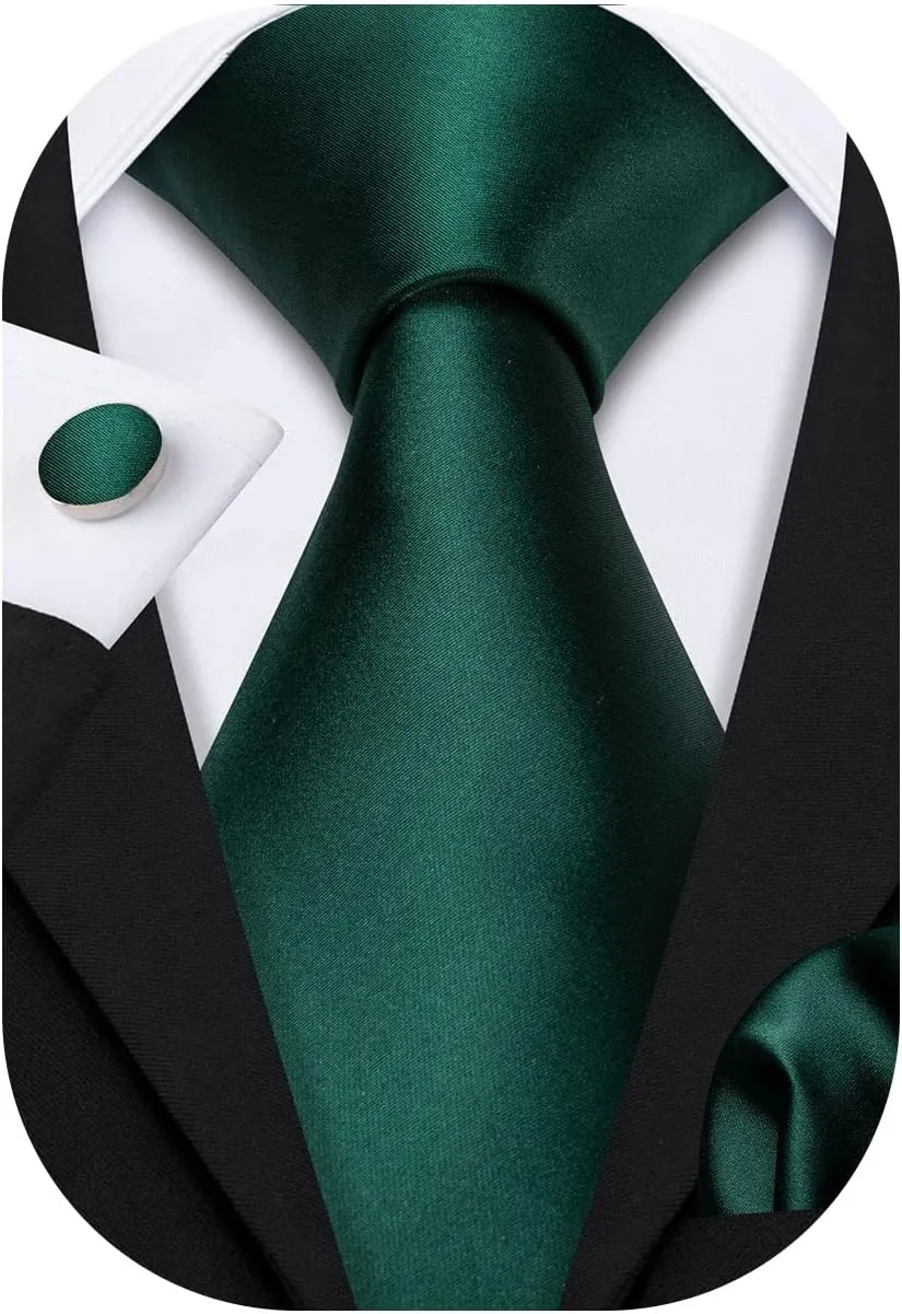 Barry.Wang Plain Men Silk Ties Extra Long Stain Necktie for Wedding Business Handkerchief Cufflinks Set Solid Colors
