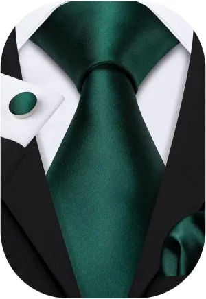 Barry.Wang Plain Men Silk Ties Extra Long Stain Necktie for Wedding Business Handkerchief Cufflinks Set Solid Colors