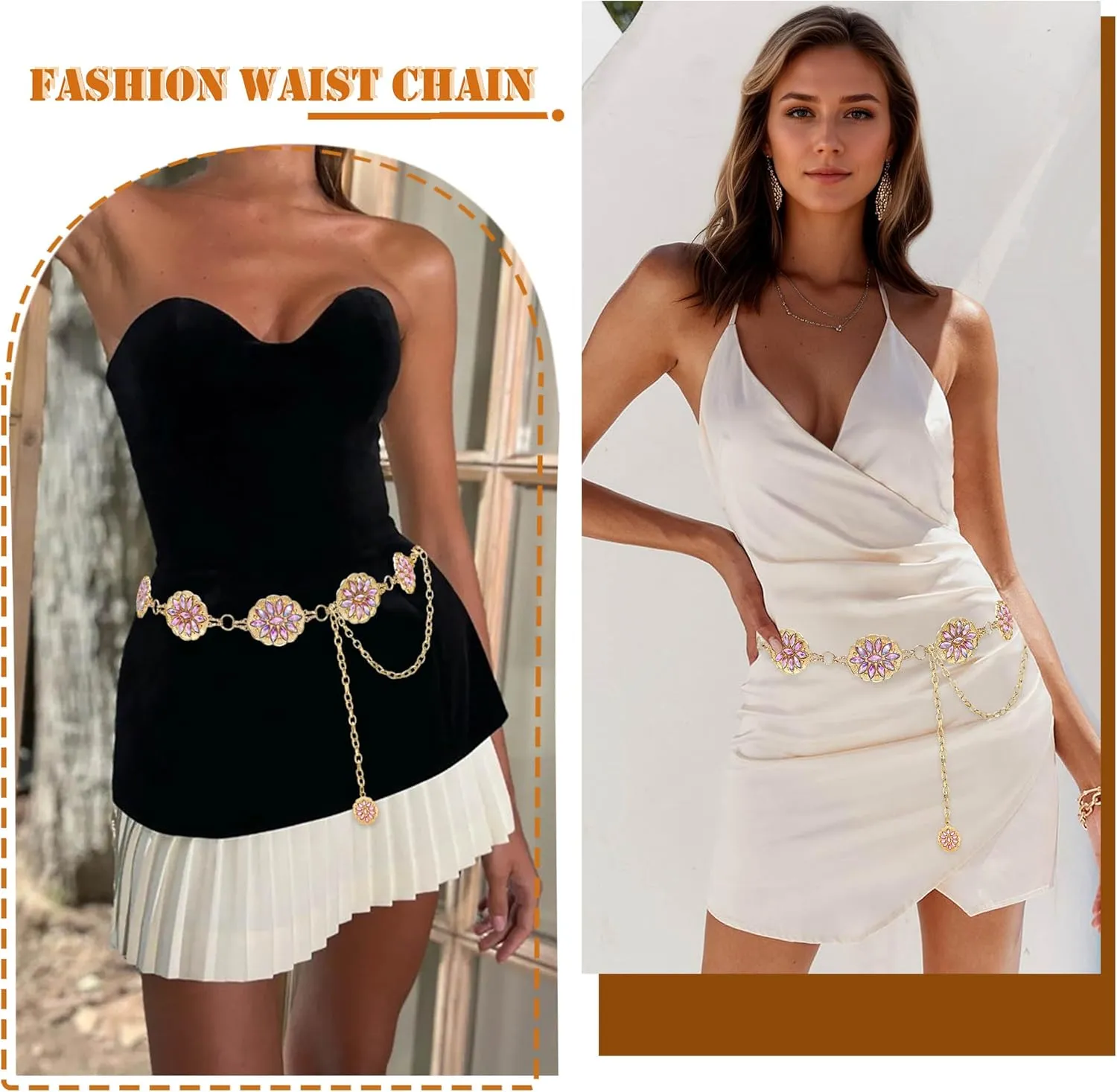 Bling Rhinestone Concho Belt Gold Metal Western Pink Crystal Chain Belt Sparkly Waist Chain for Women Dress