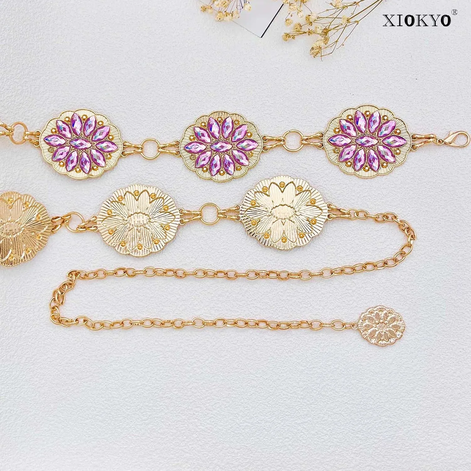 Bling Rhinestone Concho Belt Gold Metal Western Pink Crystal Chain Belt Sparkly Waist Chain for Women Dress