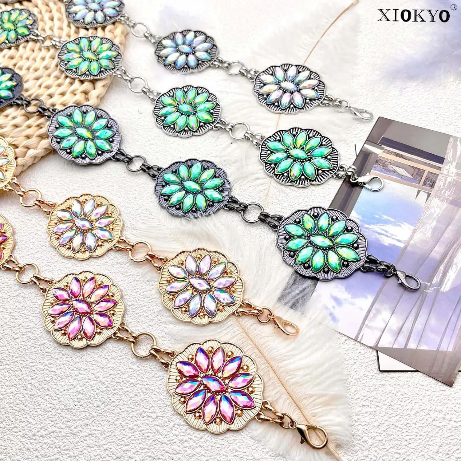 Bling Rhinestone Concho Belt Gold Metal Western Pink Crystal Chain Belt Sparkly Waist Chain for Women Dress