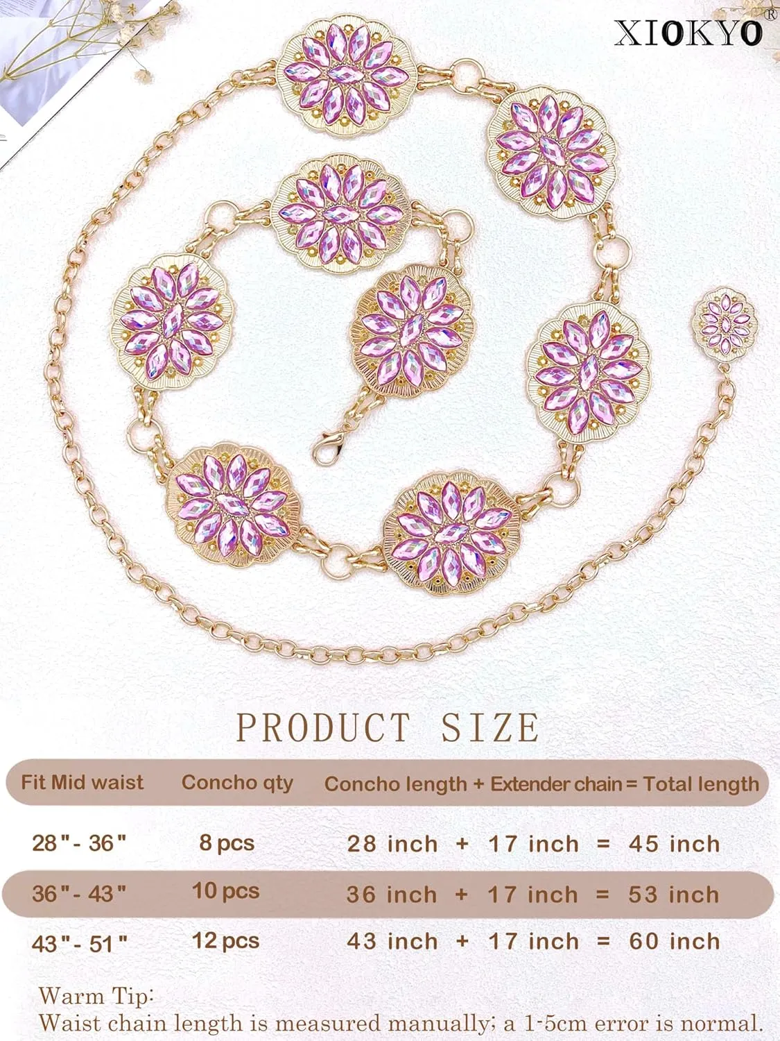 Bling Rhinestone Concho Belt Gold Metal Western Pink Crystal Chain Belt Sparkly Waist Chain for Women Dress