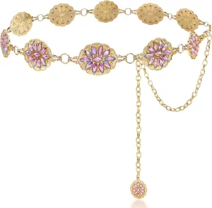 Bling Rhinestone Concho Belt Gold Metal Western Pink Crystal Chain Belt Sparkly Waist Chain for Women Dress