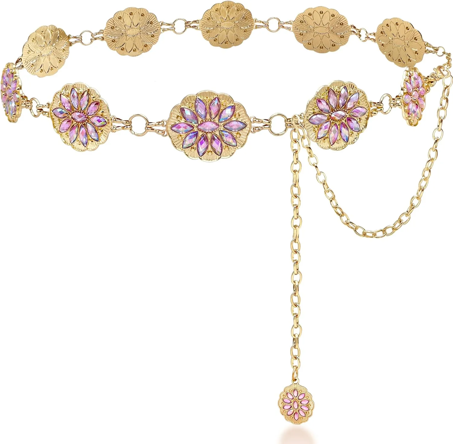 Bling Rhinestone Concho Belt Gold Metal Western Pink Crystal Chain Belt Sparkly Waist Chain for Women Dress
